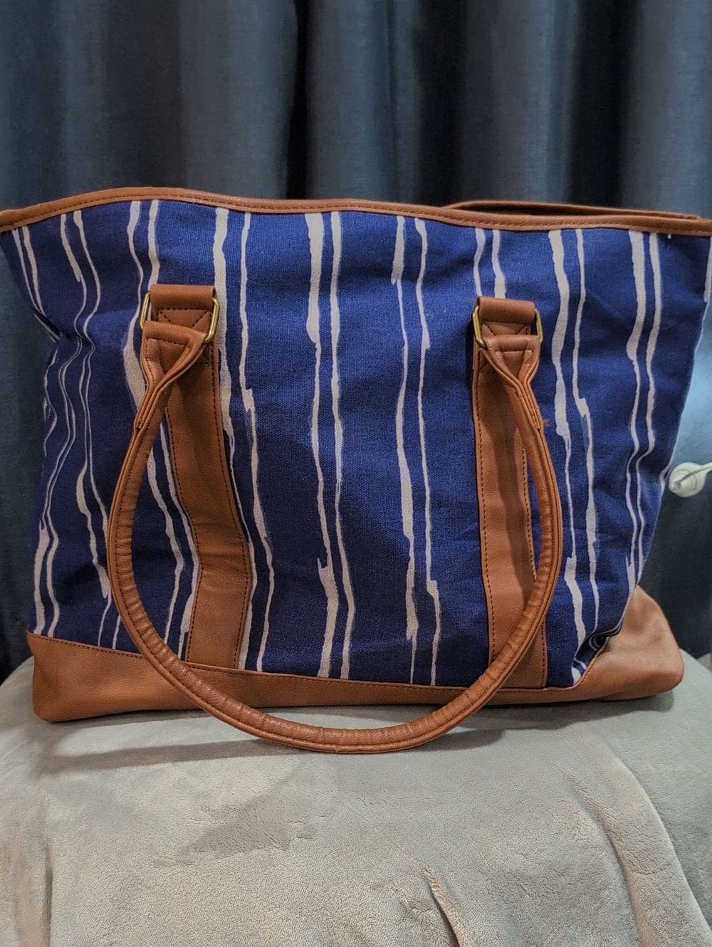 Large Navy Striped Canvas Tote with Brown Trim- Aldi